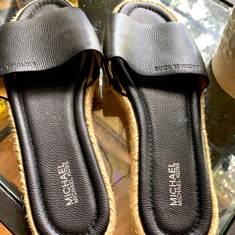 Micheal Kors slip on black leather sandals womens